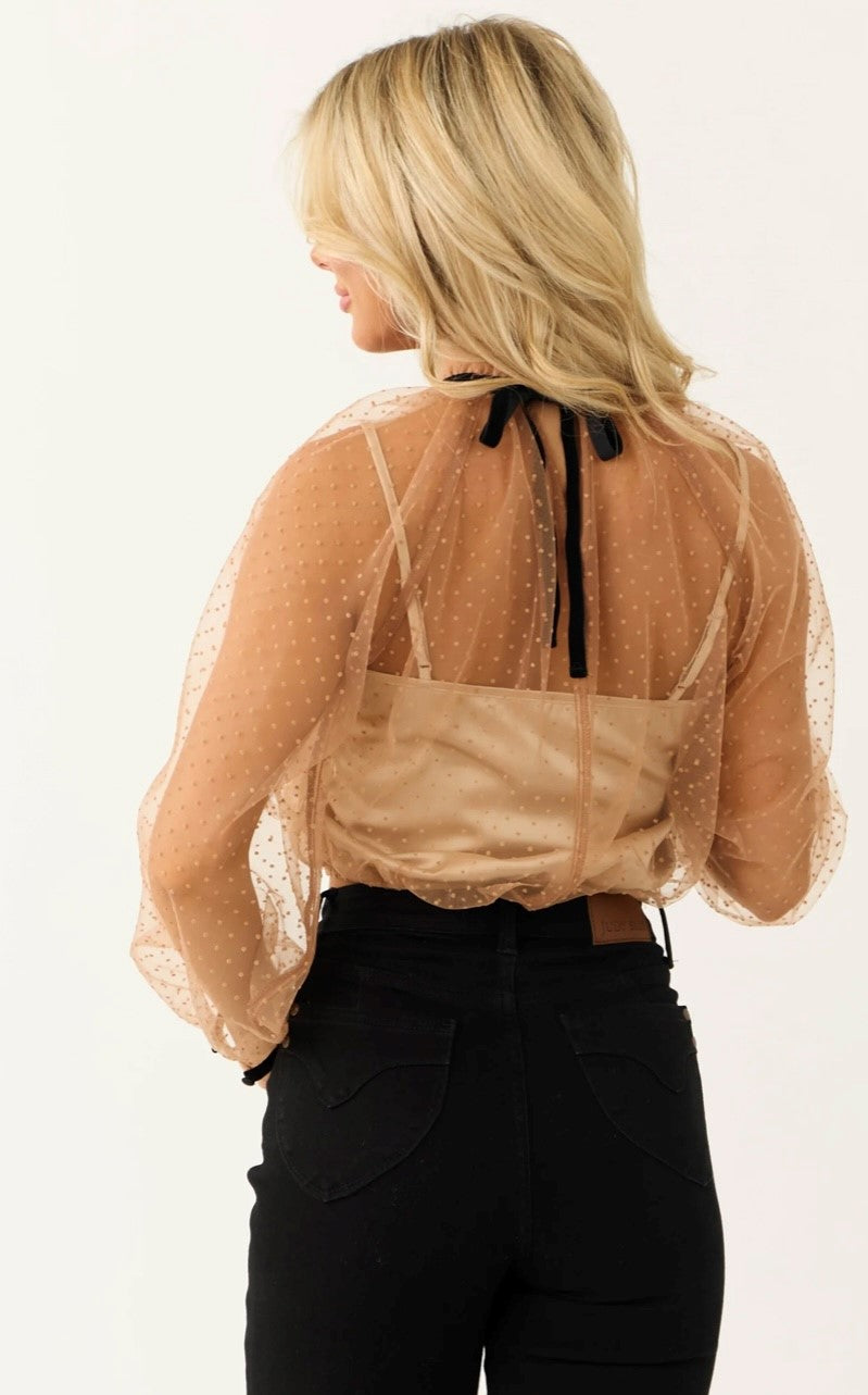 Polka Dot Textured Long Sleeve Mesh Top