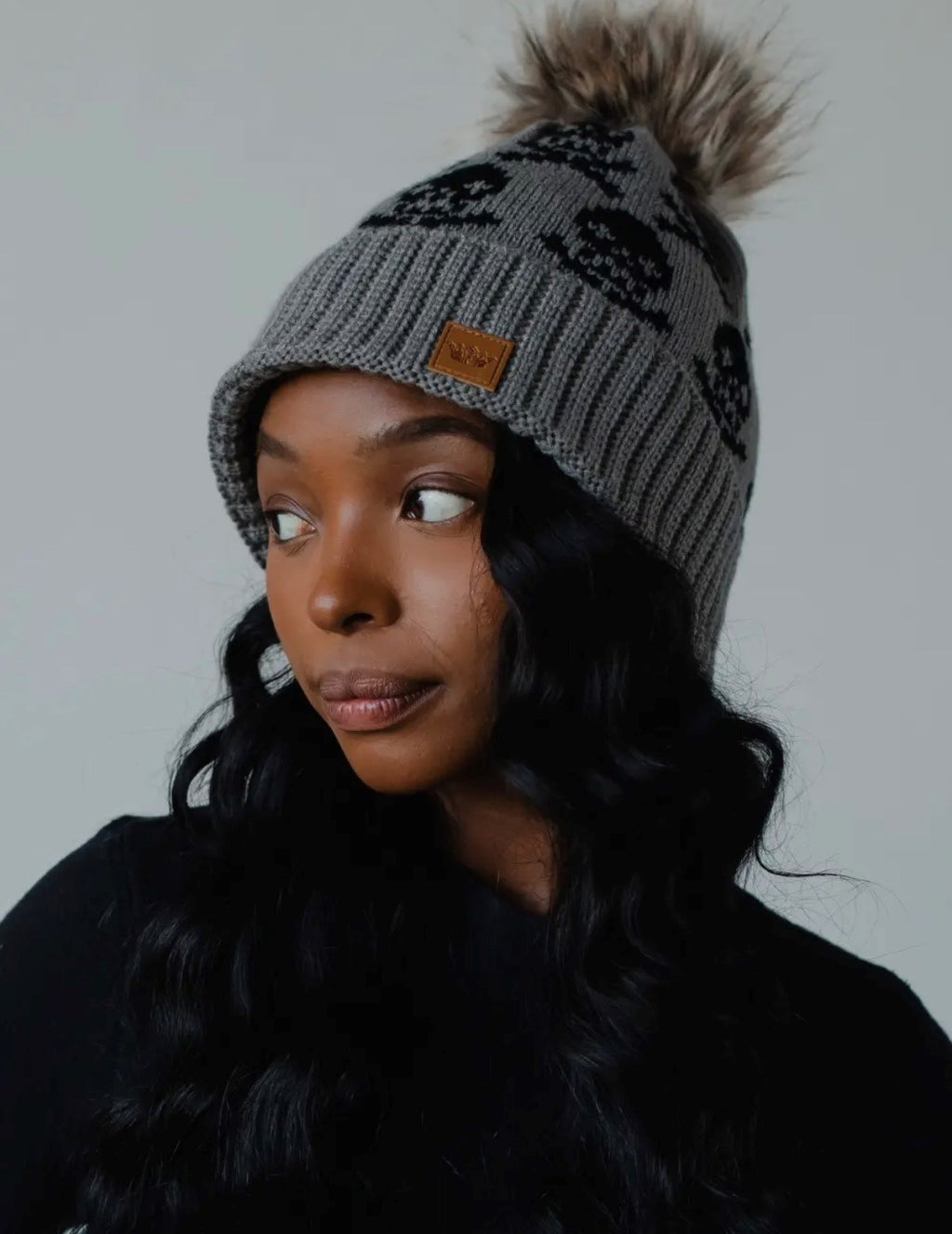 Gray Skull Pattern Pom Hat