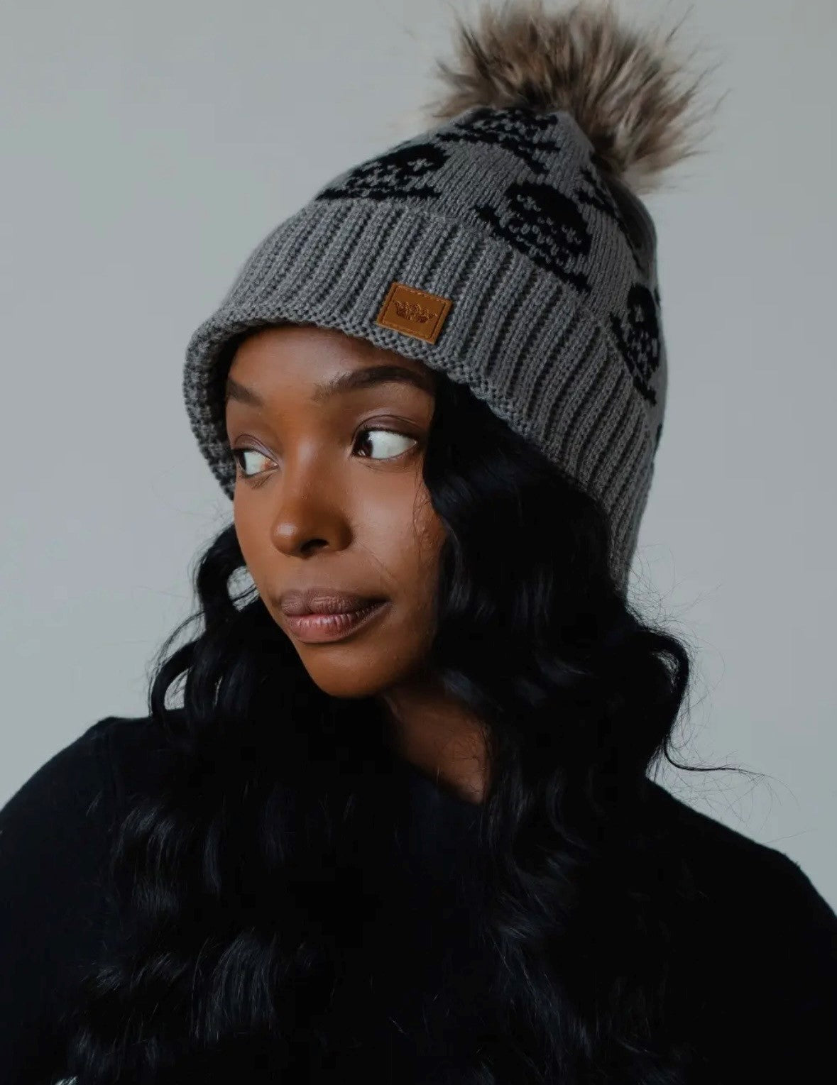 Gray Skull Pattern Pom Hat