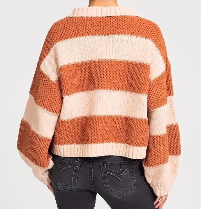Miss Me Crochet Striped Rust Sweater With Collar