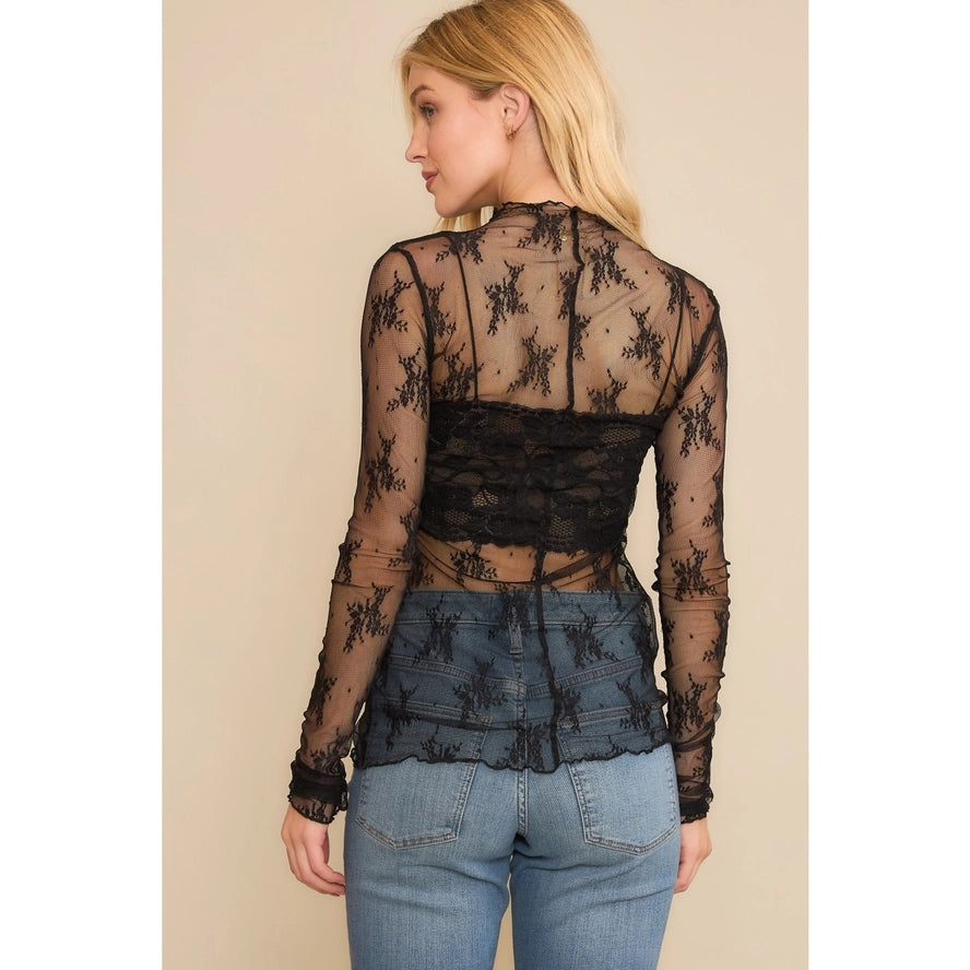 Mesh Lace High Neck Design Long Sleeve Fitted Top