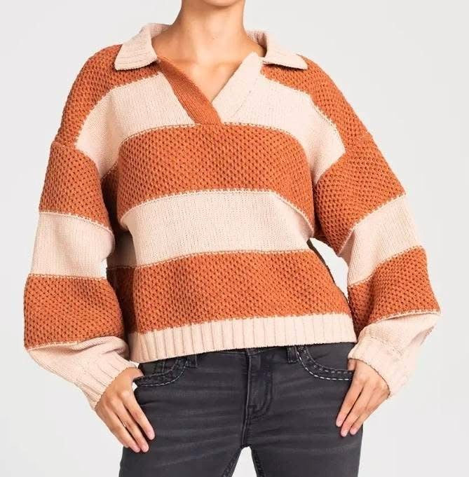Miss Me Crochet Striped Rust Sweater With Collar