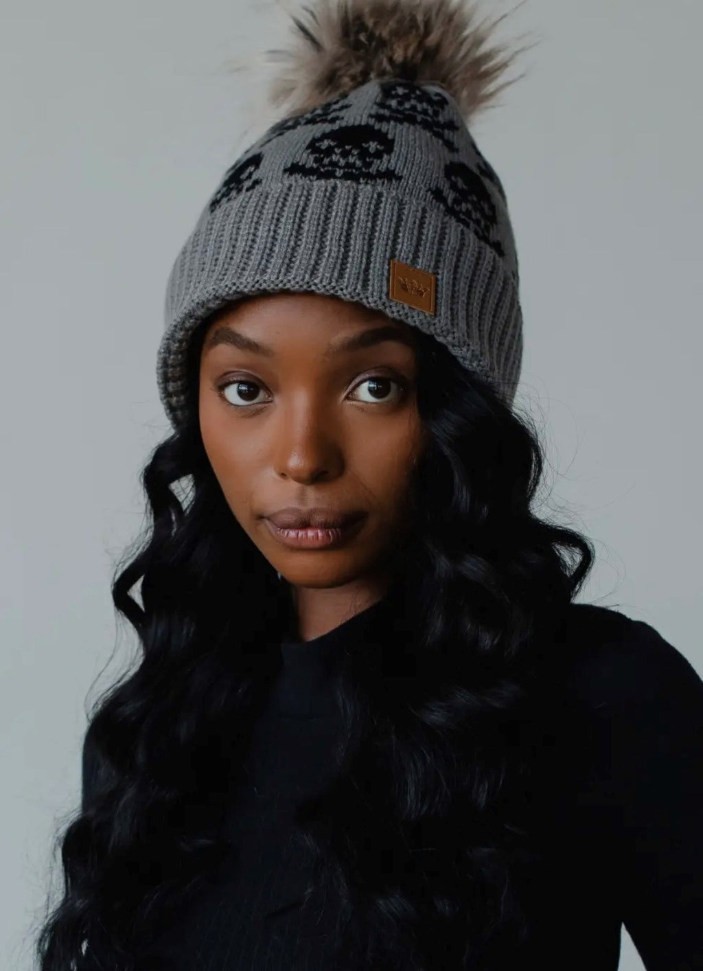 Gray Skull Pattern Pom Hat