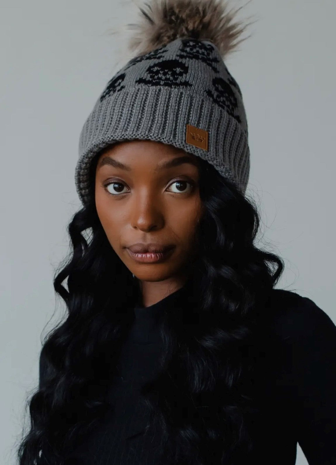 Gray Skull Pattern Pom Hat